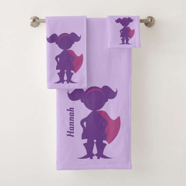 Purple Girl Superhero Silhouette Personalized Kids Bath Towel Set (Insitu)