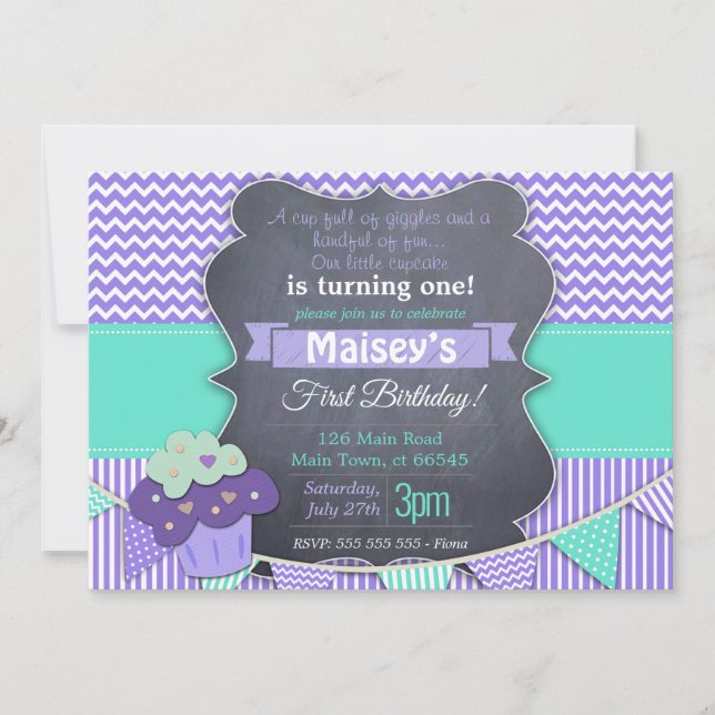 Purple Girls Cupcake Blackboard 1st Birthday Invitation (Front)