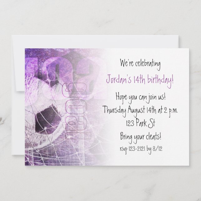 Purple girls soccer party invitation (Back)