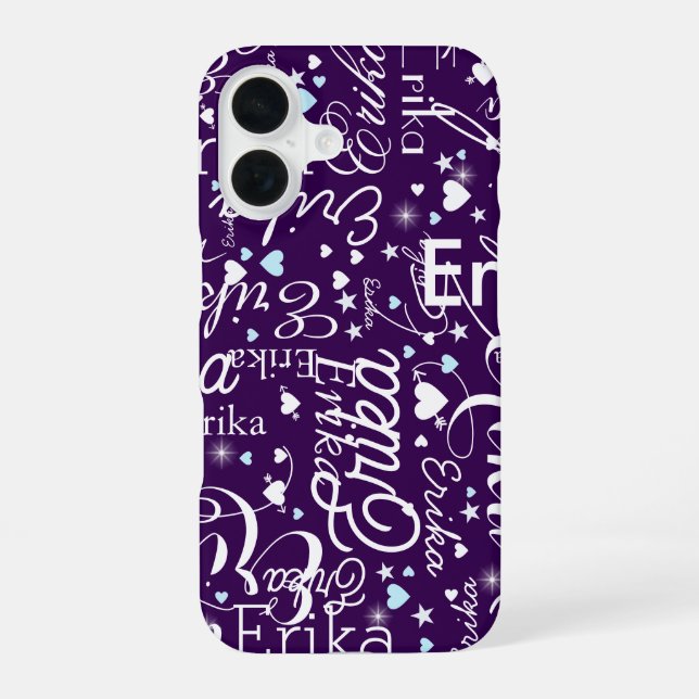 Purple Girly Calligraphy Typography Name Pattern iPhone 16 Case (Back)