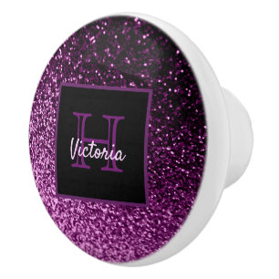 Purple girly glitter shiny glam monogrammed ceramic knob