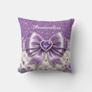 Purple Glam Bow Heart Personalized Design Throw Pillow