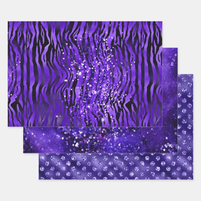 Purple Glam Glitter Sparkle Patterns Wrapping Paper Sheet (Set)