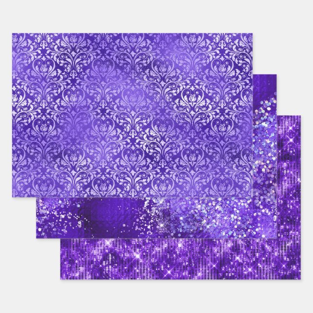 Purple Glam Glitter Sparkle Patterns Wrapping Paper Sheet (Set)