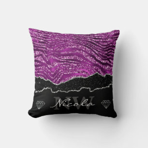 Purple Glam Glitter Tiger Stripes Monogram Throw Pillow