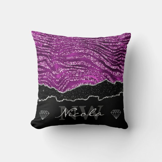Purple Glam Glitter Tiger Stripes Monogram Throw Pillow (Front)
