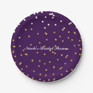Purple Glam & Gold Confetti Dots Modern Chic Paper Plate