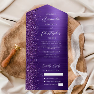 Purple Glam Metallic Modern Script Wedding All In One Invitation