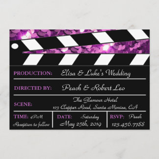 Purple Glamour Clapper Board Wedding Invite