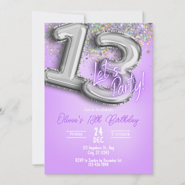 Purple Glitter 13th Birthday Invitation (Devant)