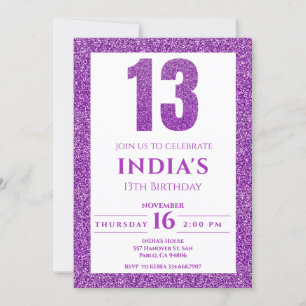 Purple Glitter 13th Birthday Invitation