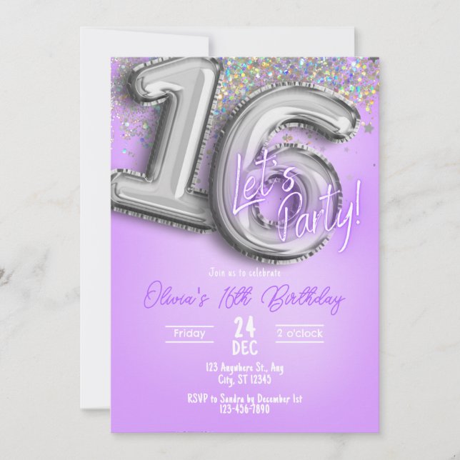 Purple Glitter 16th Birthday Invitation (Devant)