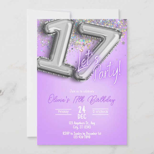 Purple Glitter 17th Birthday Invitation (Front)