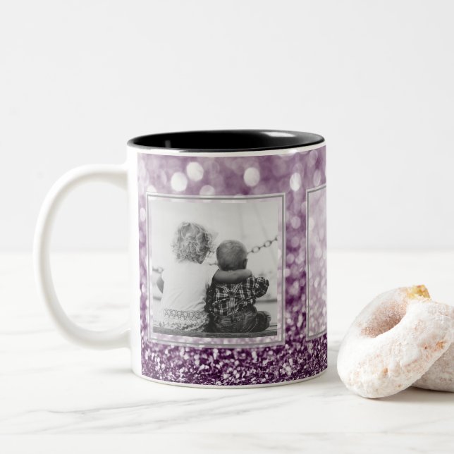 Purple Glitter 2 Pictures w/Text Design Your Own Two-Tone Coffee Mug (With Donut)