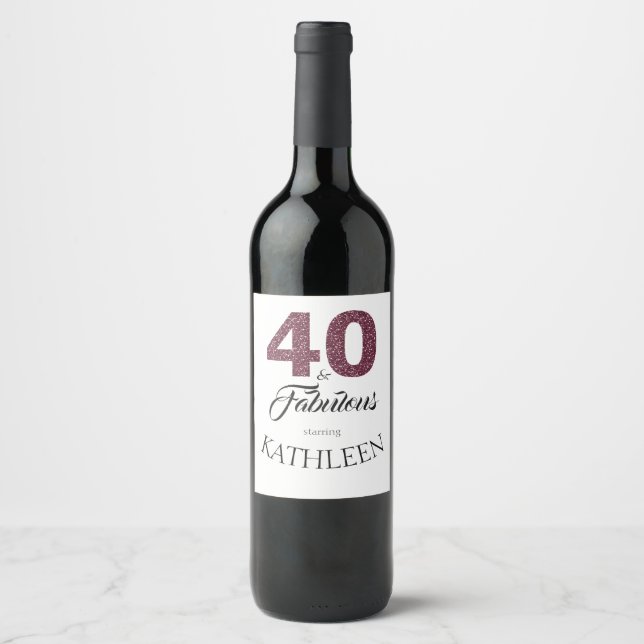 Purple Glitter 40 and Fabulous 40th Birthday Party Wine Label (Front)