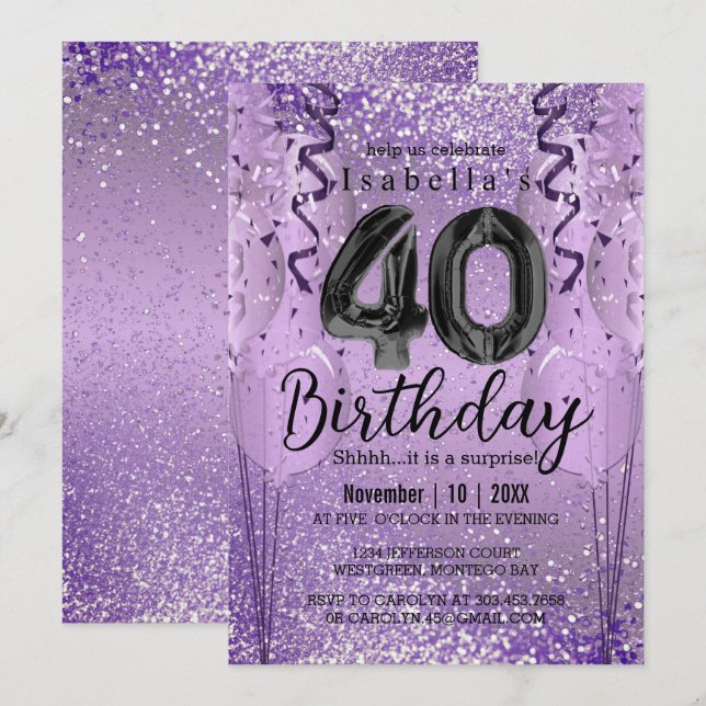 Purple Glitter 40th Birthday  Invitation (Front/Back)