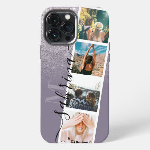 Purple glitter 4 photo grid collage name monogram iPhone 13 pro max case