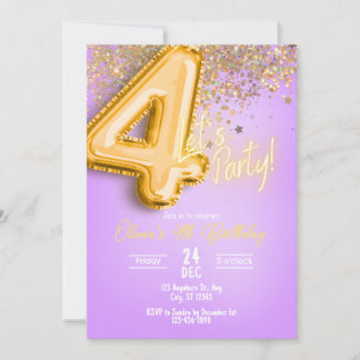 Purple Glitter 4th Birthday Invitation
