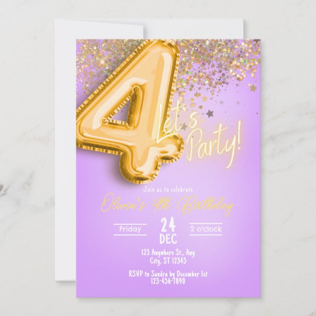 Purple Glitter 4th Birthday Invitation (Front)