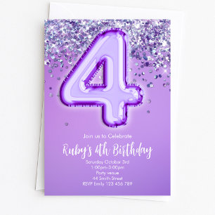 Purple Glitter 4th Birthday Invitation