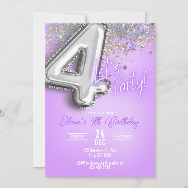 Purple Glitter 4th Birthday Invitation (Front)