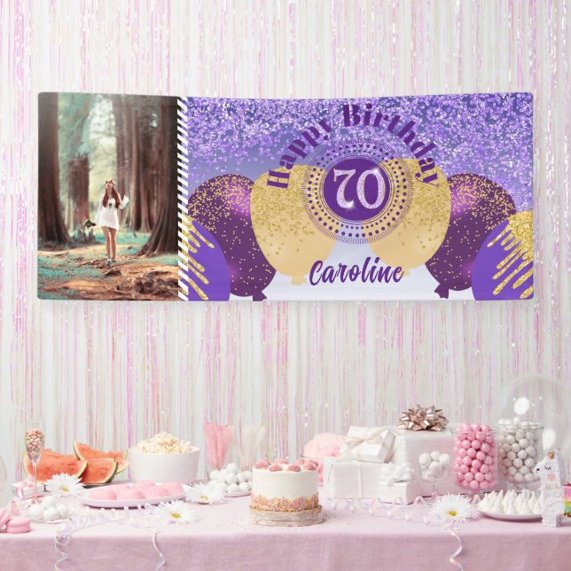 Purple Glitter 70th Birthday & Balloons  Banner (Party)