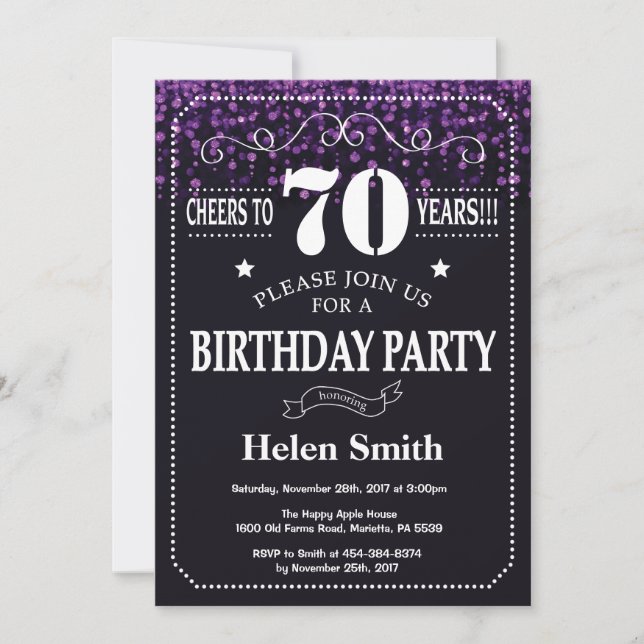 Purple Glitter 70th Birthday Invitation (Front)