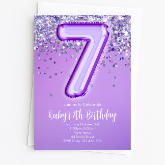 Purple Glitter 7th Birthday Invitation