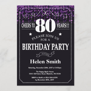 Purple Glitter 80th Birthday Invitation