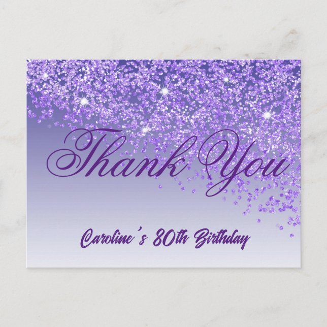 Purple Glitter, 80th Birthday Thank You Postcard (Front)