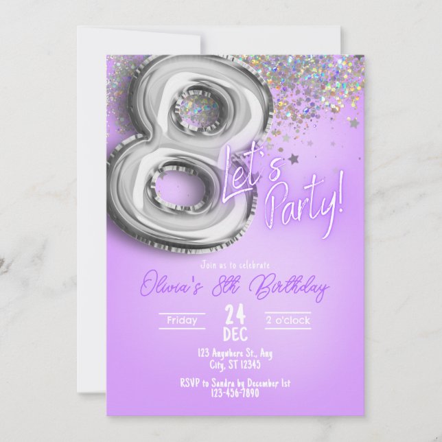 Purple Glitter 8th Birthday Invitation (Front)