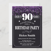 Purple Glitter 90th Birthday Invitation
