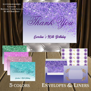 Purple Glitter, 90th Birthday Thank You Postcard