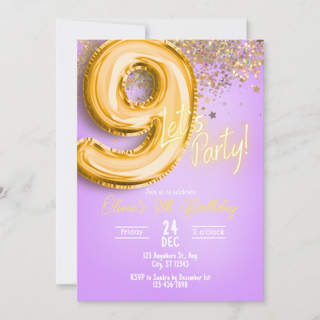 Purple Glitter 9th Birthday Invitation (Front)