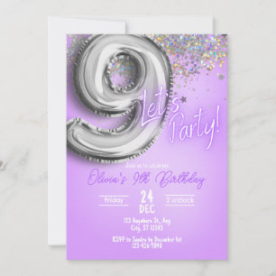 Purple Glitter 9th Birthday Invitation