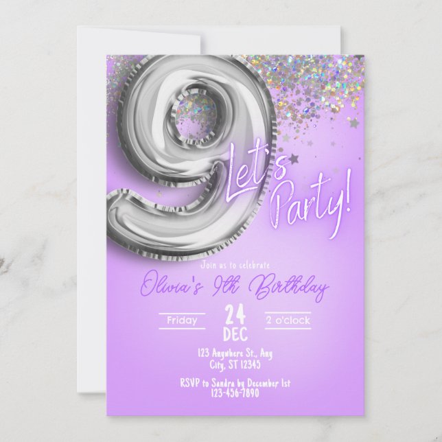 Purple Glitter 9th Birthday Invitation (Front)
