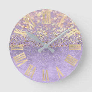 Purple Glitter Amethyst Lavender Confetti Gold Round Clock