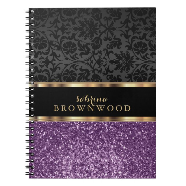 Purple Glitter and Black Damask  Notebook (Front)