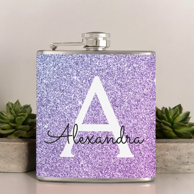 Purple Glitter and Sparkle Monogram Initial Hip Flask (Creator Uploaded)