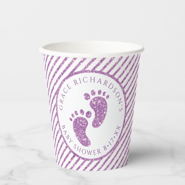 Purple Glitter Baby Feet Baby Shower Personalized  Paper Cups (Front)