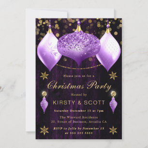 Purple Glitter Baubles Christmas Dinner Party Invitation