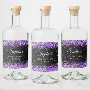 Purple Glitter Black 40th Birthday Liquor Bottle Label