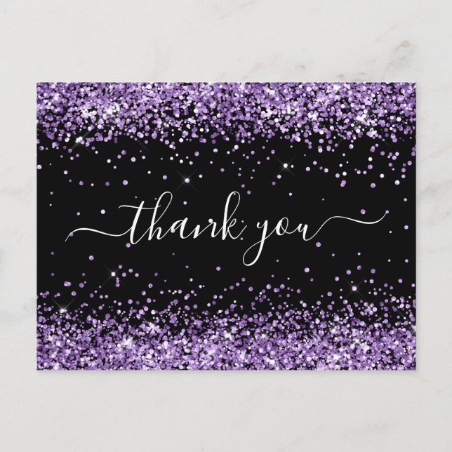 Purple Glitter Black 40th Birthday Thank You Postcard (Front)