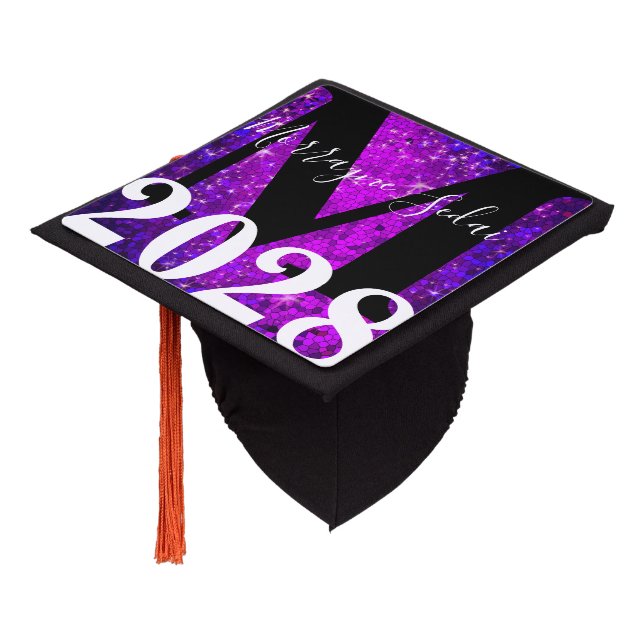 Purple Glitter Black and White Chalkboard Monogram Graduation Cap Topper (Angled)