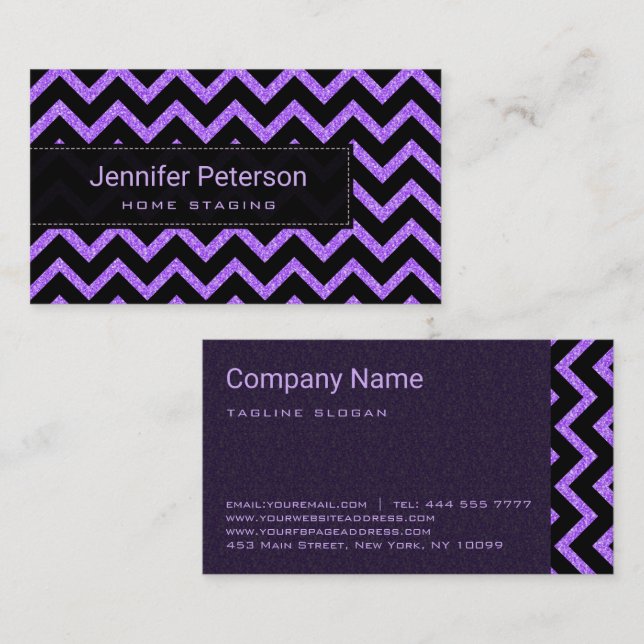  Purple Glitter Black Chevron  Business Card (Front/Back)