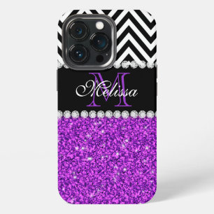 Purple Glitter Black Chevron Monogram iPhone 13 Pro Case