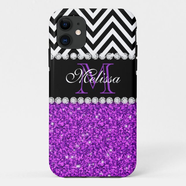 PURPLE GLITTER BLACK CHEVRON MONOGRAMMED Case-Mate iPhone CASE (Back)