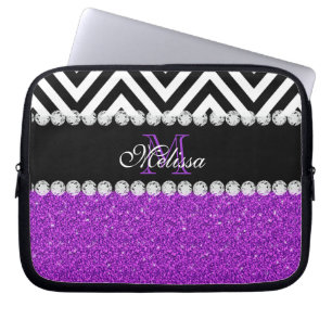 PURPLE GLITTER BLACK CHEVRON MONOGRAMMED LAPTOP SLEEVE