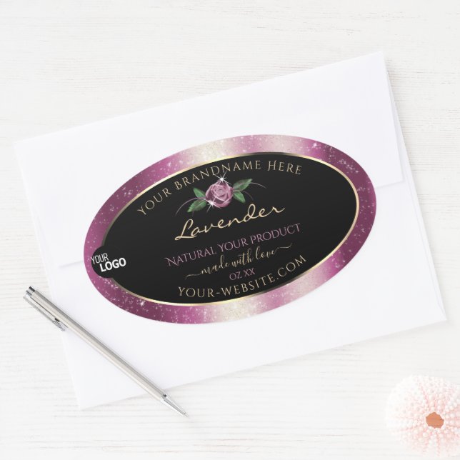 Purple Glitter Black Floral Product Labels Logo (Envelope)