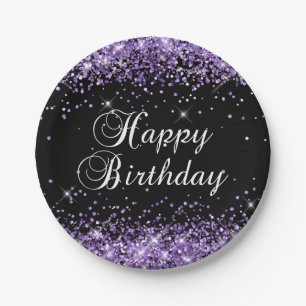 Purple Glitter Black Happy Birthday Paper Plate